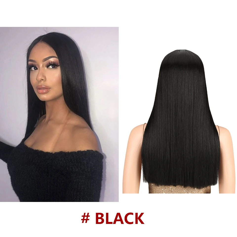 BLACK Белла Длинные Прямые Ombre Синий и Зеленый Розовый Блондин Фиолетовый Черный Синий Синий волос 7 шт. Термостойкие Синтетические Парики Шнурка Для Женщин 20 дюймов средняя часть прямо красочные парик - Цвет: BLACK