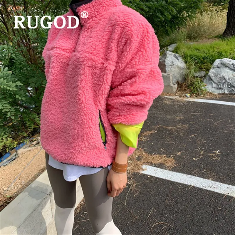 RUGOD, модное пушистое Женское пальто из овечьей шерсти, корейский цвет, воротник-стойка, длинный рукав, куртка, Осень-зима, Толстая шерстяная куртка
