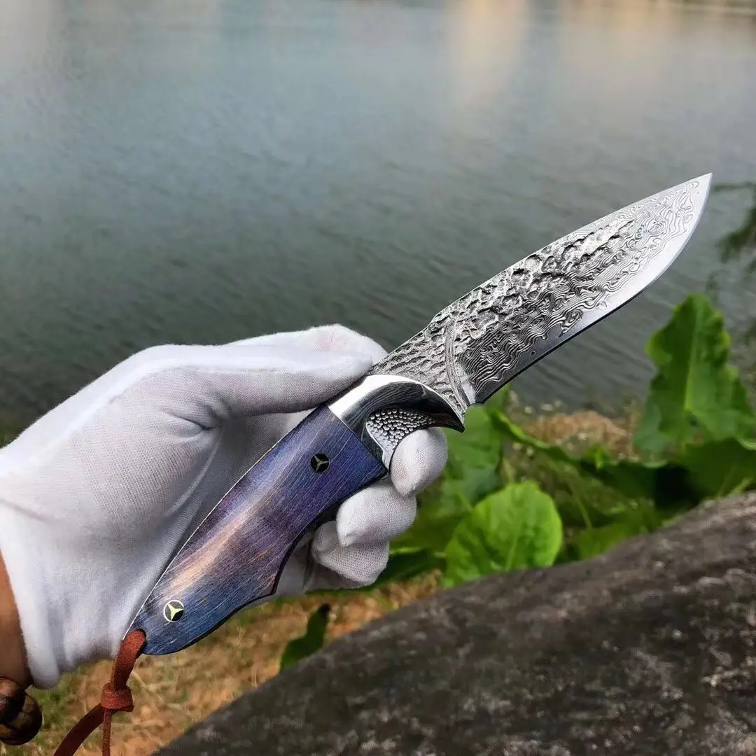 Дамасская сталь VG10 основной слой нож с фиксированным лезвием 60HRC синяя ручка охотничий лагерь выживания тактические прямые ножи инструменты