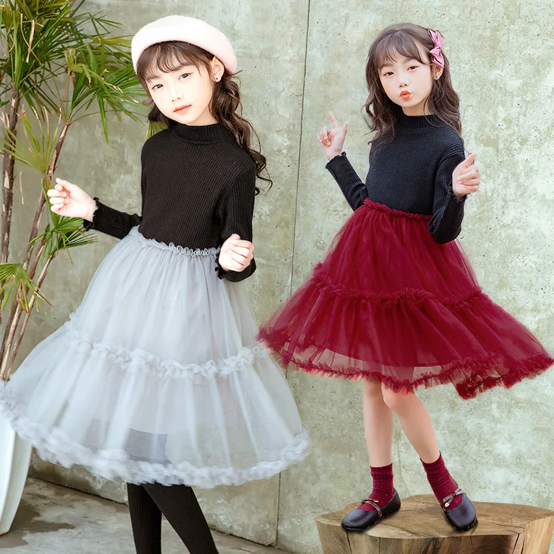 

Girls Dress Spring And Autumn New Style Childrenswear Korean-style Knitted Sweater Base Skirt Big Boy Gauze Princess Dress D239