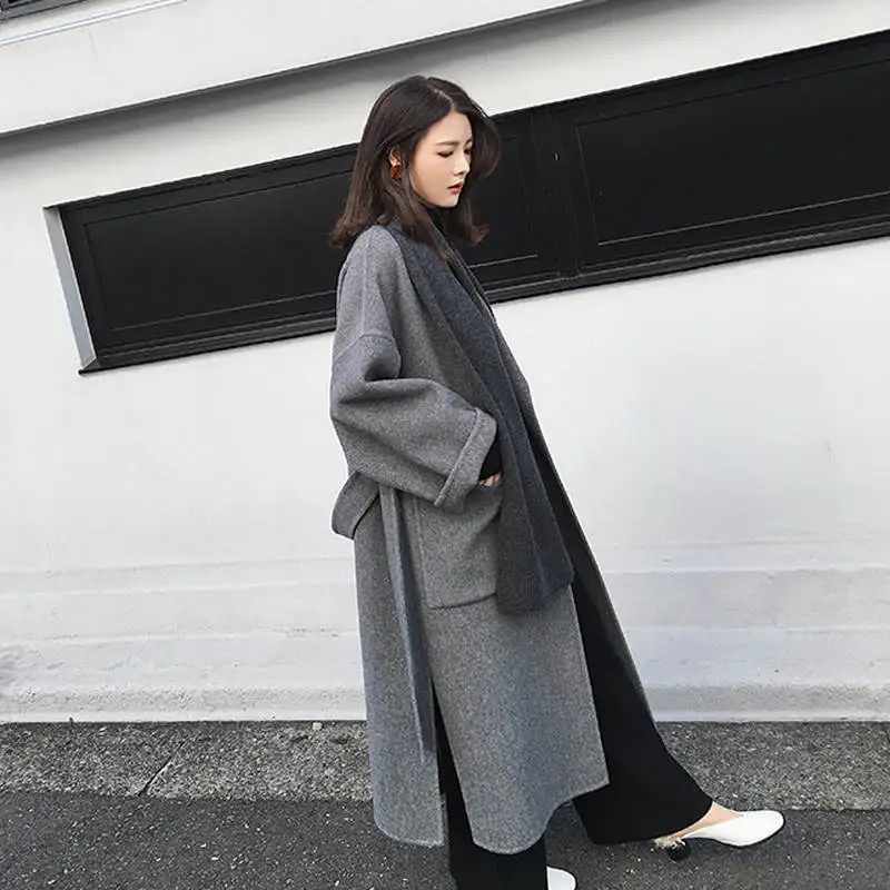 gray coat Элегантное шерстяное пальто с поясом, женское корейское зимнее длинное пальто, верхняя одежда размера плюс, кардиганы, парка, шерстяное пальто, теплые зимние пальто C5975 - Цвет: gray coat