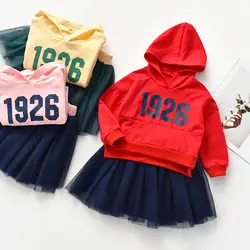 Осенние хлопковые комплекты для маленьких девочек толстовки с капюшоном и длинными рукавами короткие сетчатые юбки комплект повседневной