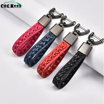 

New Woven Genuine Sheepskin Leather Metal Car Keychain Key Rings Holder Keyring With Horseshoe Ring Waist Keyfob Auto Decorate