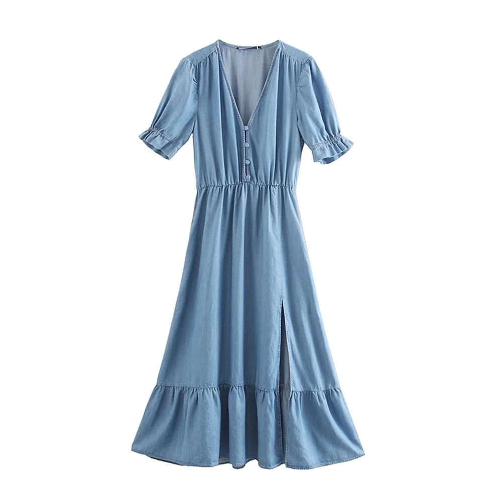 

New V-neck Short Sleeve Short Slim Dress Hollow Sky Silk Jeans Blue Retro Open Fork Dress in Early Autumn of 2019
