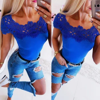 

2019 New Arrivals Women Shirts Blue Lace Patchwork Off Shoulder Womens Tops and Blouse Bule Sexy Women Blouse Summer Tops