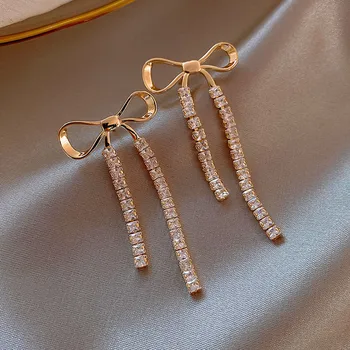 

2020 New Arrival Dominated Trendy shiny Crystal Bowknot Women Drop Earrings elegant sweet Long tassels Korean Earrings Jewelry