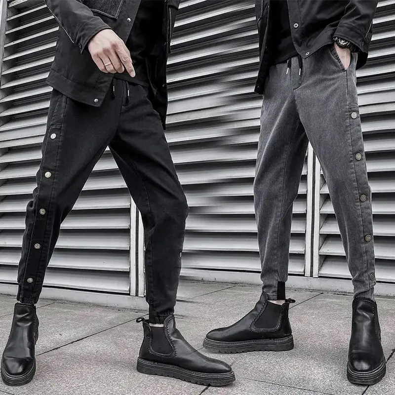 

Mens Jeans Spring Summer Slim Waist Drawstring Cotton Casual Korean Style Button Black Gray Cropped Trousers Denim Pencil Pants