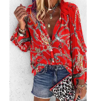 

Bellflower Womens Tops and Blouses 2019 Fall Vintage Printing Vertical-collar Long-sleeved Casual Shirts Womens Plus Size Blouse