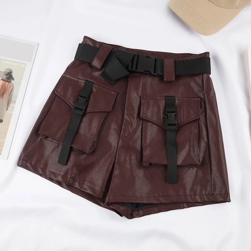 Wine Red Женские шорты Карго из искусственной кожи с ремнем и карманами в стиле хип-хоп, женские короткие штаны, осень, черные женские брюки с высокой талией - Цвет: Wine Red