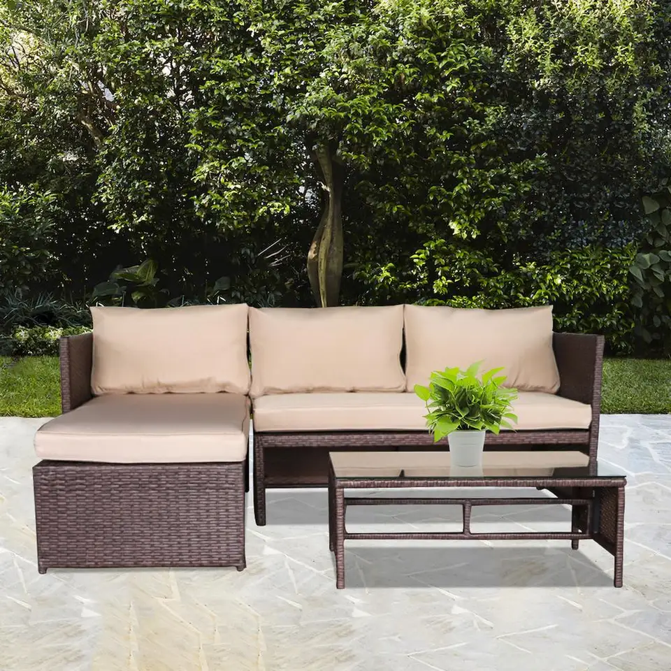 3 In 1 Outdoor Furniture Patio Sofa Set Garden Wood Grain Pe Wicker Rattan Ottoman With Tempered Glass Table Cushion Kits Aliexpress
