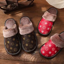Waterproof Leather Slippers Men Indoor Shoes Home Slippers Soft Bottom Footwear Non-Slip Winter Warm Plush Cotton Women Slippers