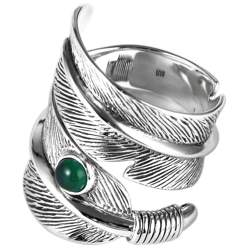 SA SILVERAGE S925 Silver Sterling Retro Men's and Women's Opening Inlaid with Green Agate Feather Ring Personalized Fashion