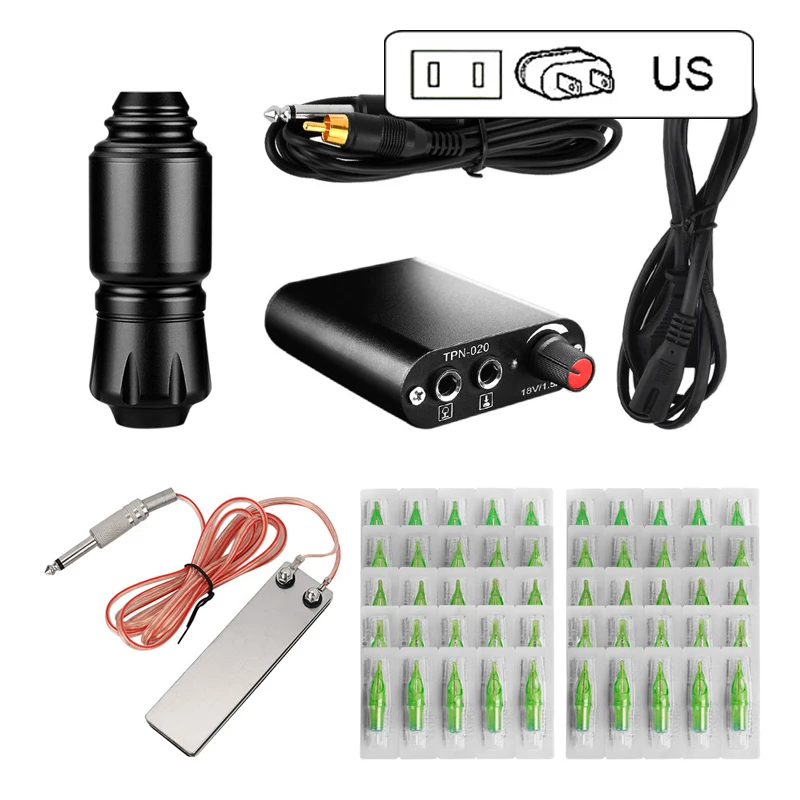 US Plug Профессиональная полная машина для татуировки для начинающих, комплект с ручкой для татуировки, Смешанная игла для тату, электропитание, покрытие рукоятки машинки для татуажа - Цвет: US Plug
