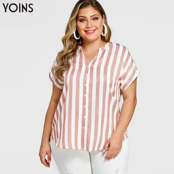 

YOINS 2020 Summer Elegant Stripe Button V-neck Short Ruffle Sleeve Blouse Women Cotton Casual Shirt Tops Plus Size Blusas Femme