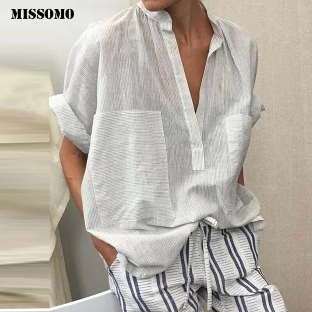 

MISSOMO T shirt women V-Neck Pockets Button Stripe Short Sleeve Shirt Women Tops vintage streetwear formal shirts for women 726