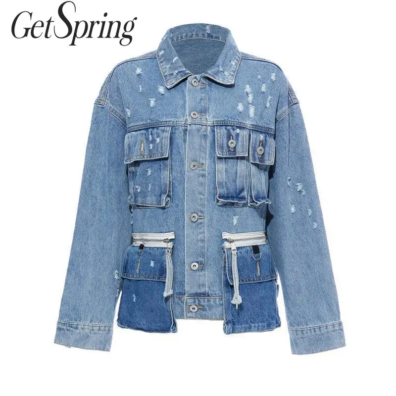 Женская джинсовая куртка GetSpring синяя с карманами и вышивкой на осень зиму