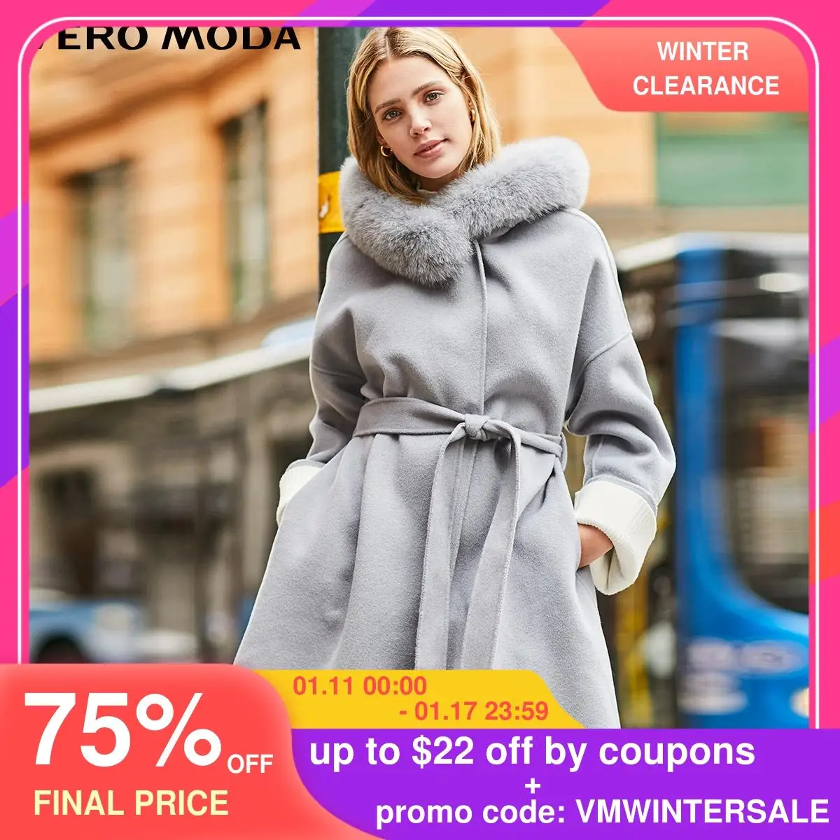 Vero Moda 100% шерстяное двухстороннее пальто из лисьего меха на шнуровке |