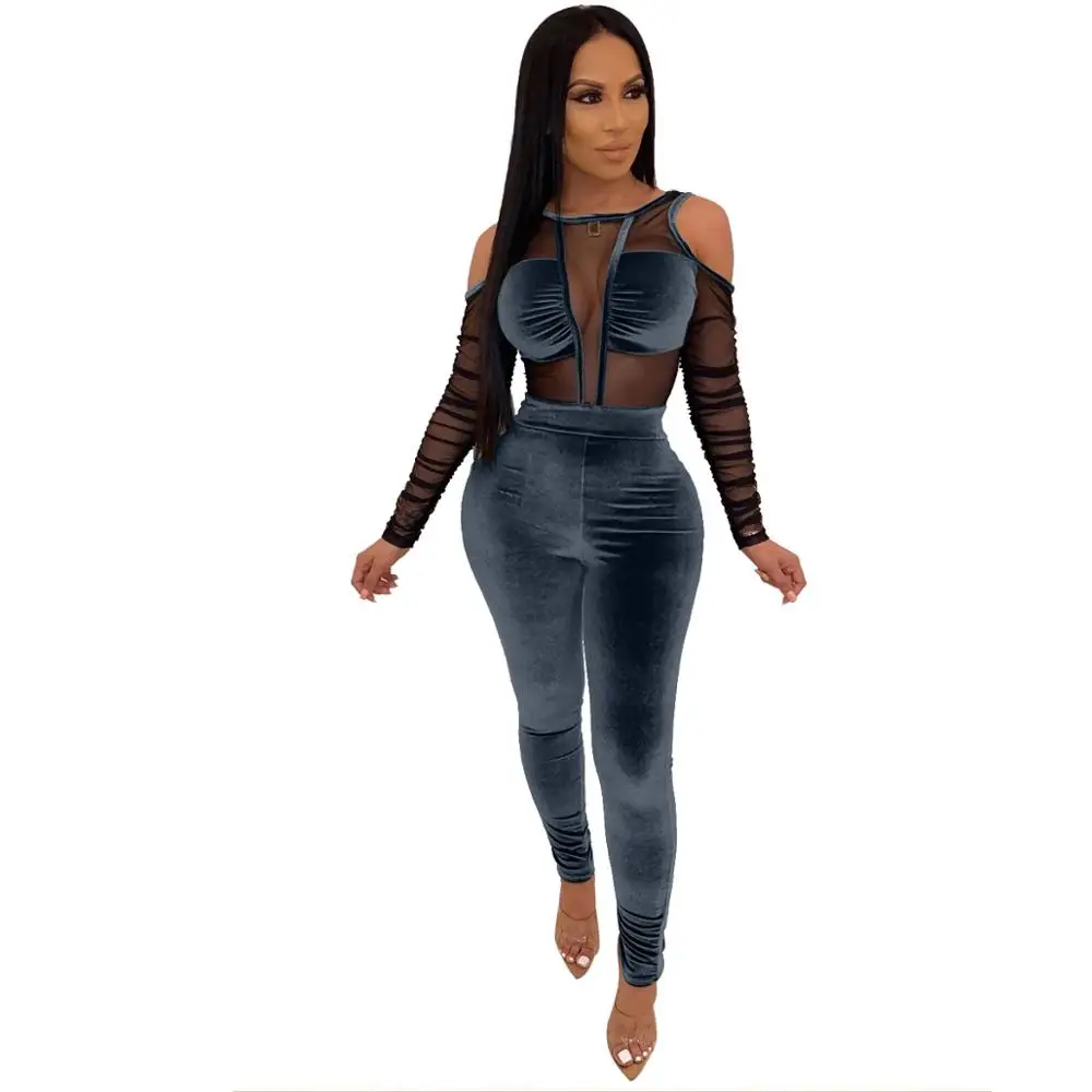 Adogirl Sheer Mesh Patchwork Velvet Jumpsuit Women Sexy Cold Shoulder Long Sleeve Skinny Romper Night Club Overalls Bodysuits - Цвет: gray jumpsuit