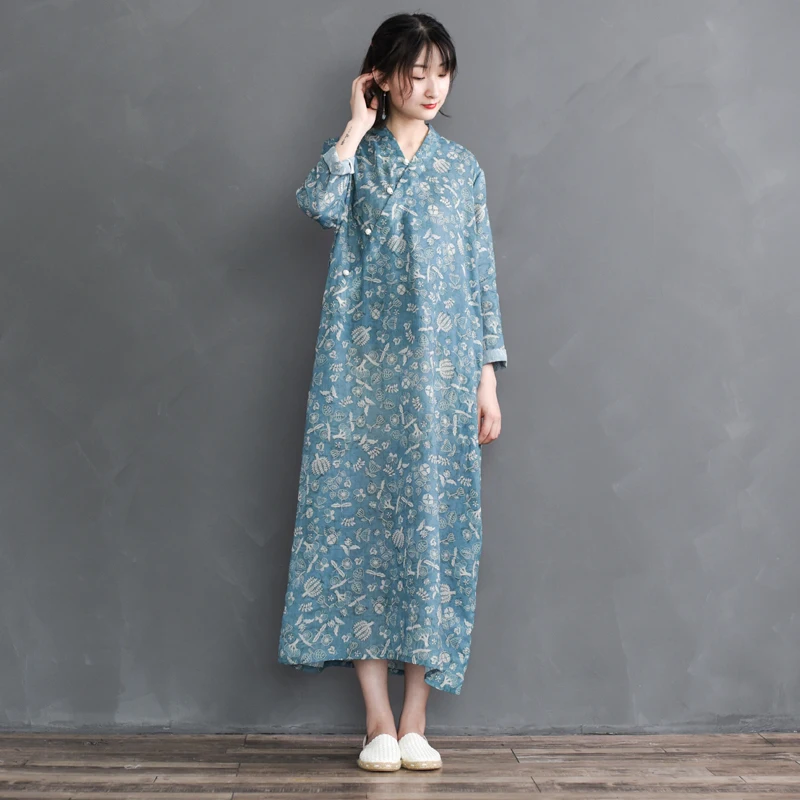 

Spring Literary Cotton Retro Chinese Plate Buttons Robe Ramie Printed Long Sleeve Dress Female Floral