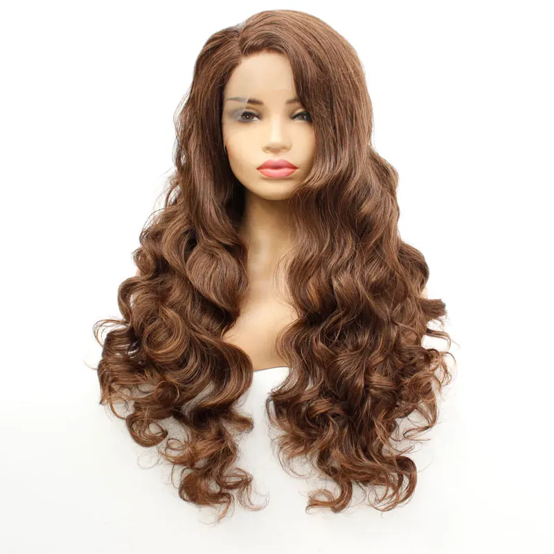 Смешанный коричневый волнистый синтетический 13*3 дюймов парик фронта шнурка термостойкие волокна сторона пробора естественные волосы для женщин парики