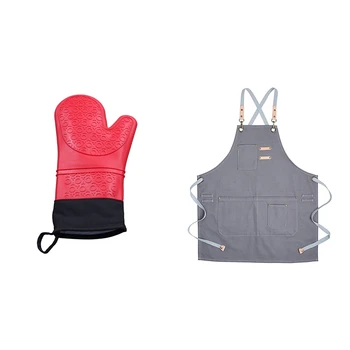 

Silicone Oven Mitt Cooking Mitt with Extra Long Canvas Stitching Glove & Cotton Apron Men and Women