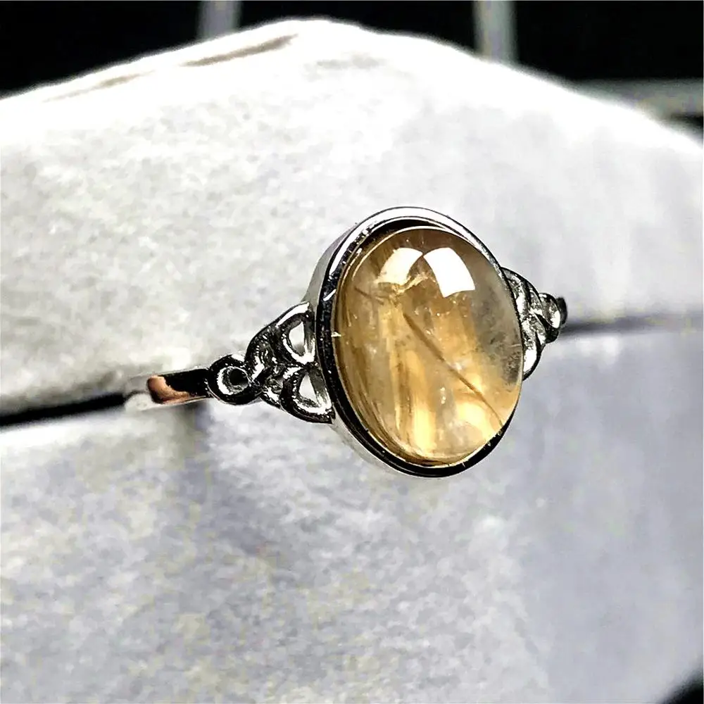 

Natural Gold Rutilated Quartz Ring Jewelry For Woman Man Clear Crystal 11x9mm Beads Silver Stone Adjustable Finger Ring AAAAA