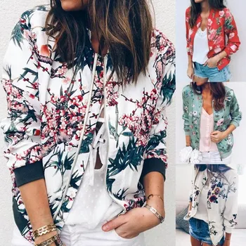 

2020 Ladies Pocket Zipper Long Sleeve Jacket Retro Floral Zipper Bomber Outer Casual Jacket Floral Chiffon White Coat And Ladies