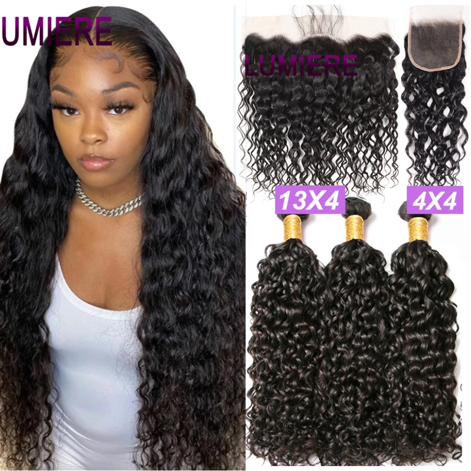 Lumiere-extensiones con ondas al agua para cabello humano mechones de pelo peruano con cierre, Remy, 100% Frontal