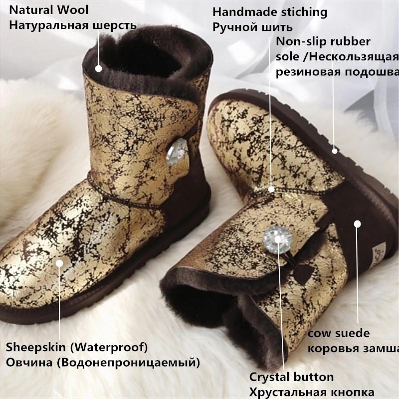 G& Zaco/роскошные женские зимние ботинки из натуральной овечьей кожи; шерстяные ботинки; женская теплая обувь до середины икры на плоской подошве с натуральным овечьим мехом и кристаллами