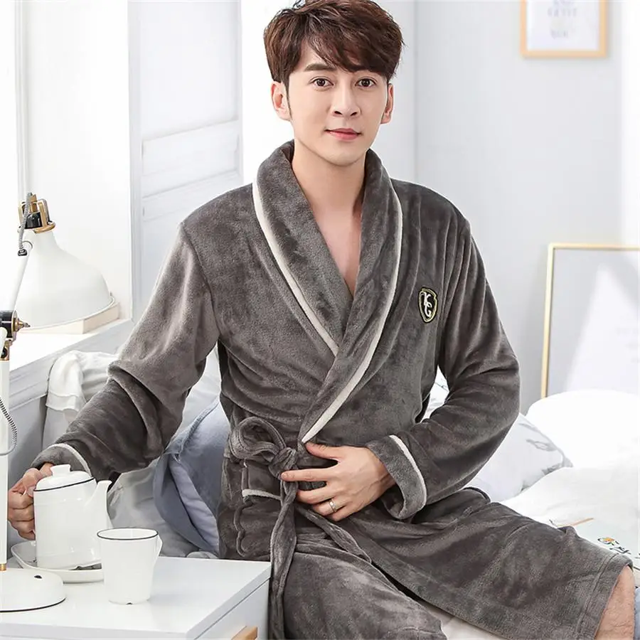 Халат Мужская на подкладке фланель, коралл, флис, ночная рубашка для мужчин, теплый плотный спальный халат с v-образным вырезом, плюс размер 3XL, кимоно, платье - Цвет: Gray1 Men