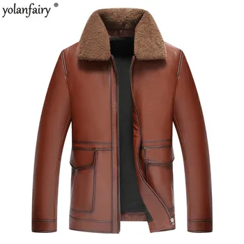 

Men's Leather Jacket Vintage Genuine Leather Jacket Men Coat Lamb Fur Collar Cow Leather Jackets Jaqueta De Couro 18-8802 YY504
