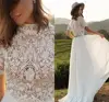 Boho Wedding Dress With Sleeves 2022 Simple Beach Chiffon A-Line With Court Train Cheap Sexy O-Neck Bohemian Bridal Gowns Beach ► Photo 1/5