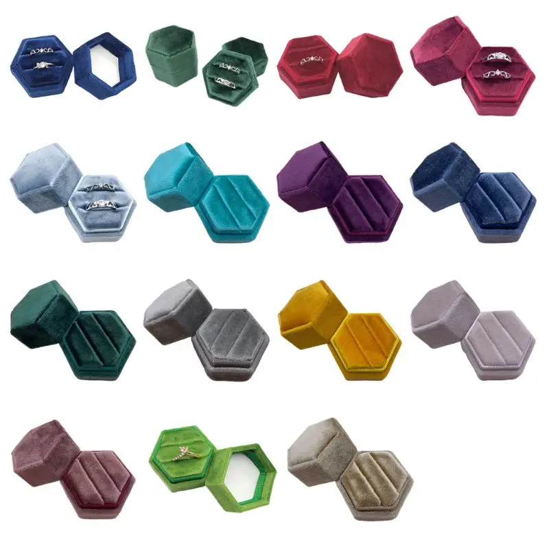 

Hexagon Velvet Ring Box Double Ring Display Holder with Detachable Lid Ring Box Holder for Wedding Ceremony