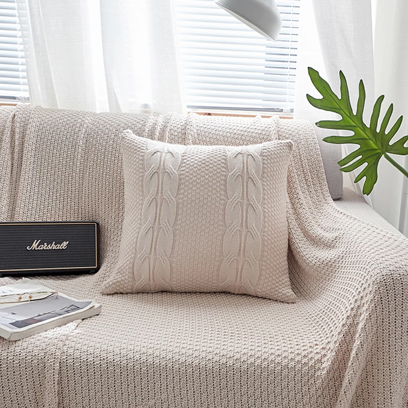 Online Double Cable Knit Cushion Cover Vintage Coffee Ivory Grey Pink Coffee Solid Pillow Case  45cm*45cm Soft  5 colors for choose