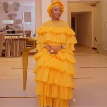  Saudi Arabic Evening Dresses Yellow Plus Size Layered Tiered  A Line Full Sleeves Prom Dress African Women Formal Party Gowns 