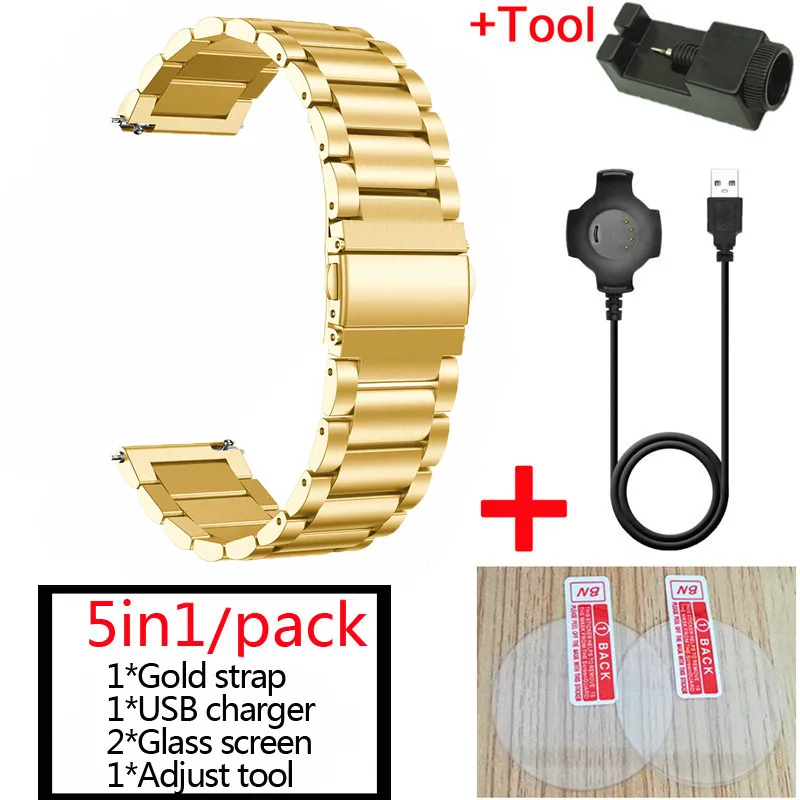 5в1 для Xiaomi Amazfit Pace металлический ремешок из нержавеющей стали+ USB зарядный кабель+ amazfit pace Защитное стекло для экрана - Цвет: Золотой