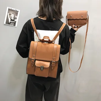 

2 PCS/Set Pu Leather Backpack for Women College School Bag for Teenage Girl Book Bag Vintage Shoulder Bag female Travel Backpack
