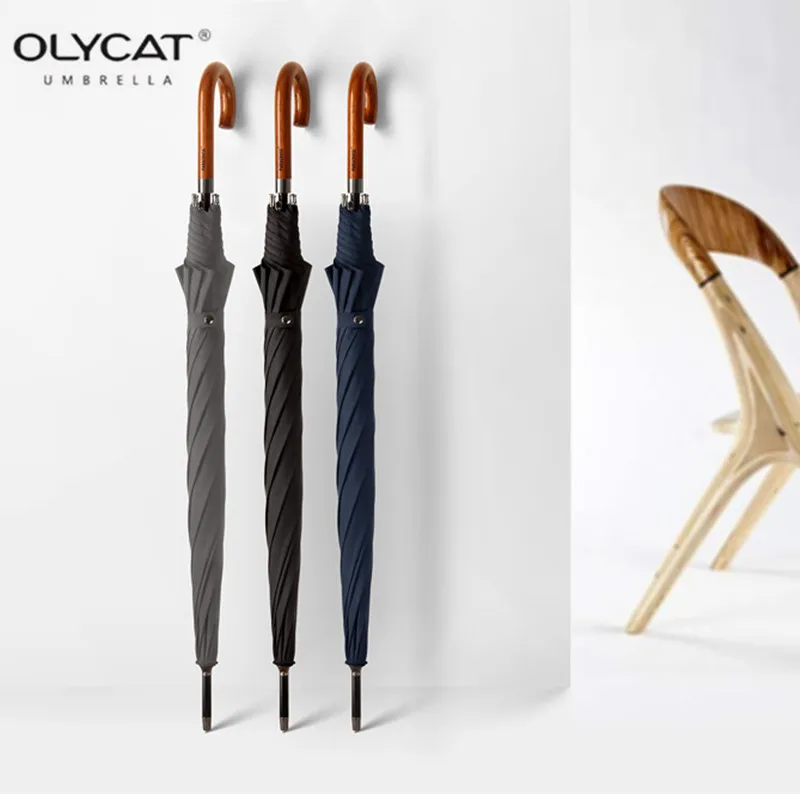 Polycat полуавтоматический большой зонт с длинной деревянной изогнутой ручкой, Мощный ветрозащитный 8K деловой мужской и женский зонт