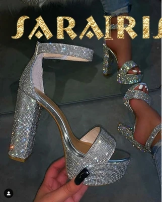 

Sarairis Fashion 2020 Sequined Cloth Summer Sandals Women Shoes Woman Chunky High Heels Buckle Strap Shoes Women Sandals