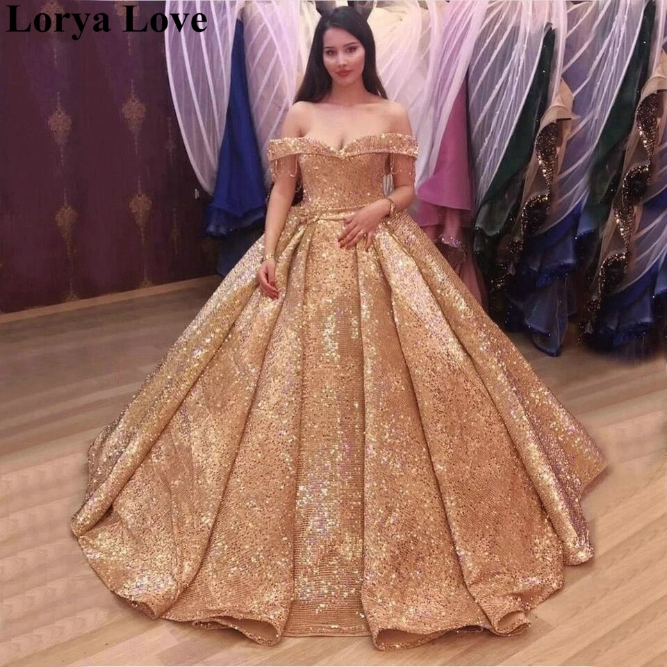 

Luxury Ball Gown Sequin Evening Dresses 2020 Women Green Off Shoulder Party Robe De Soiree Champagne Prom Gowns Long Vestidos