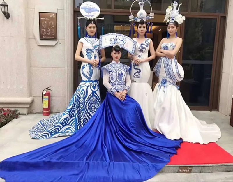 Восточное китайское вечернее платье голубое и белое фарфоровое свадебное длинный Ципао Сексуальные вечерние платья могут таможенный