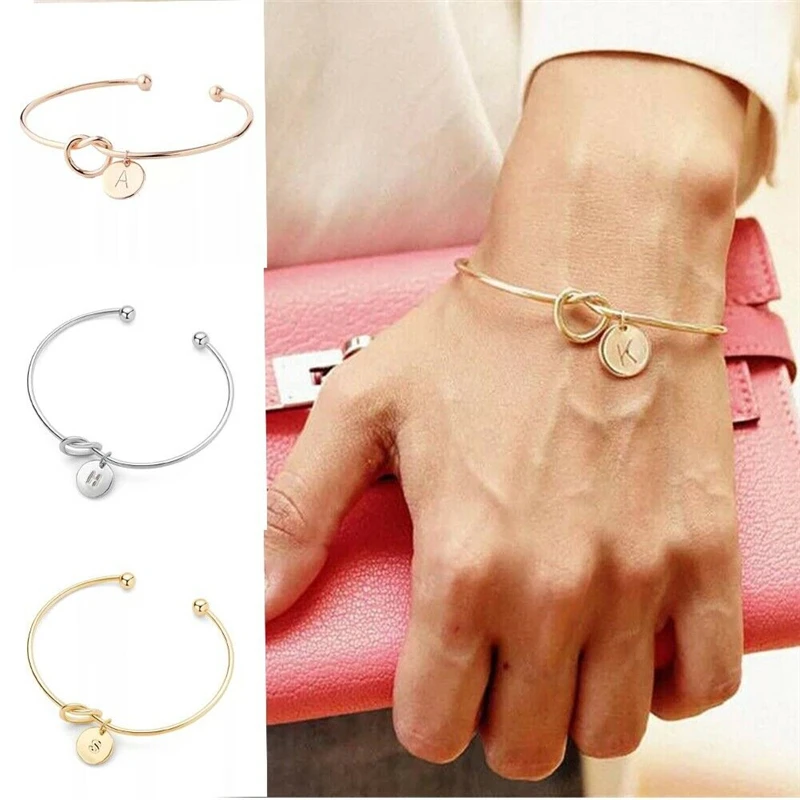 

26 Initial Letters Charm Open Alloy Bracelet for Women Stainless Steel Letter Alphabet Cuff Love Knot Bangle Jewelry Gift