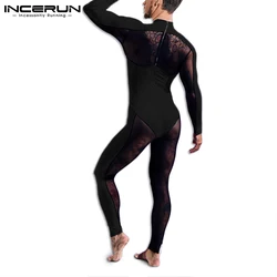 Stylish Men's Stitching Onesies Sexy All-match Simple Breathable Mesh INCERUN Male Fashionable Stitching Sleeved Bodysuits S-5XL