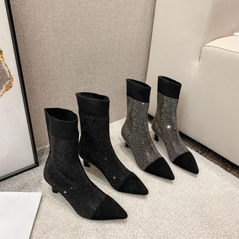 

Bling Crystal Ankle Boots for Women Pointed Toe Genuine Leather Slip-on 2020 New Fashion Luxury Sexy Middle Heel Boots Women HOT