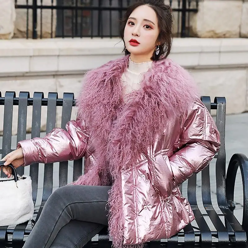 

New Women Down Large Natural Lamb Fur Collar Jackets Thick Warm Coats Casual Winter Glossy Parkas Outerwear