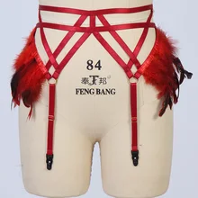 Цвет красного вина перо Подвязки для свадьбы на ремешке; по сниженным ценам бондаж чулки тела ремень-подвязка с поясом уникальный портупея в готическом стиле; Женская сексуальное женское бельё в стиле "рейв"