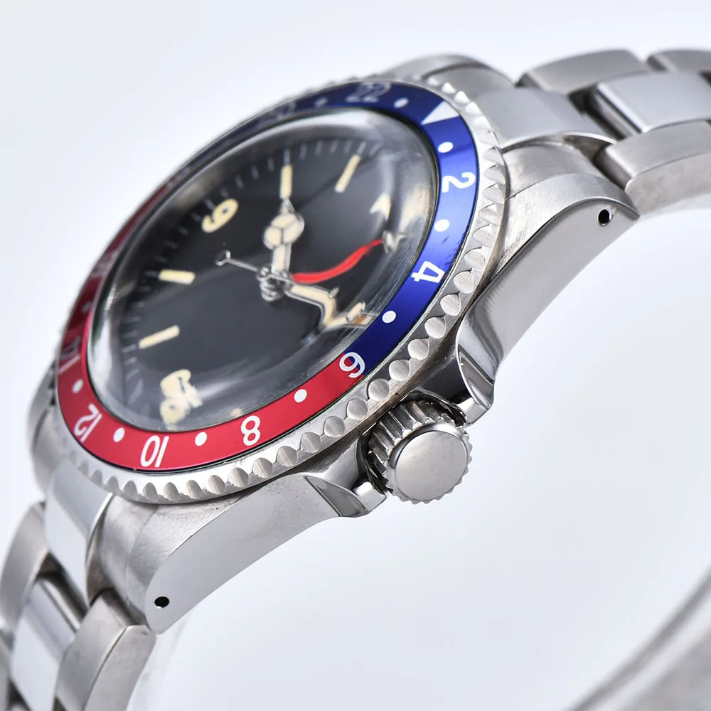 Watch GMT Men's Automatic Luminous Hand Steel Shell Movement 40mm Red Blue Aluminum Bezel Brushed Bracelet 1021