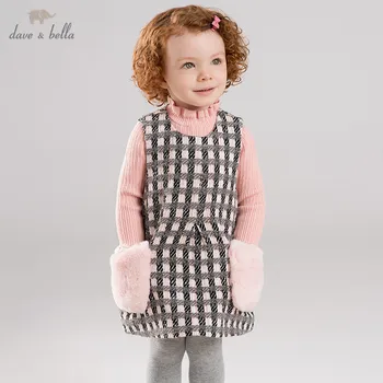 

DBM11403 dave bella winter baby girl's princess plaid pockets vest dress children fashion party dress kids infant lolita clothes