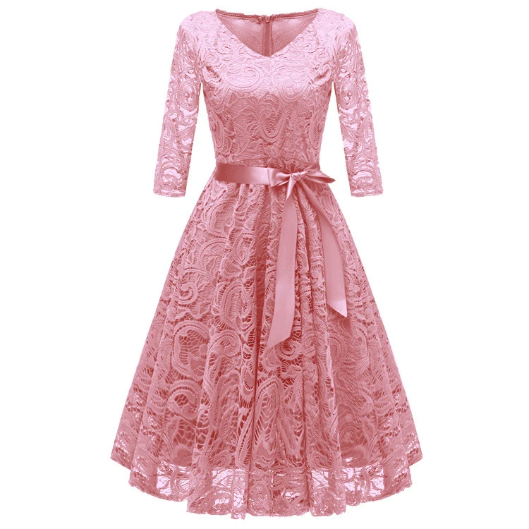 Осеннее женское однотонное ажурное кружевное Повседневное платье с длинными рукавами и вышивкой Vestido, сексуальные вечерние элегантные женские платья - Цвет: pink colour