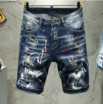 

Newest Mens Summer Motorcycle Pants Ripped Jeans Middle Waist Straight Splash-Ink Fashion Male Knee Length Denim Trousers J3043